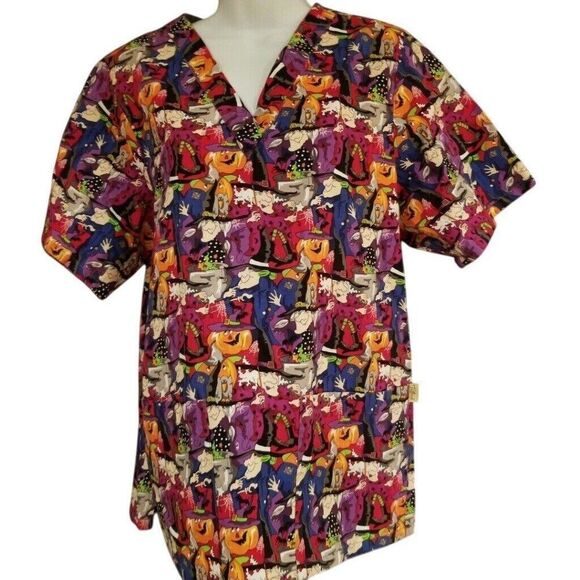 Tafford Uniforms Scrub Top Halloween Womens M Witches Pumpkins - Picture 1 of 8